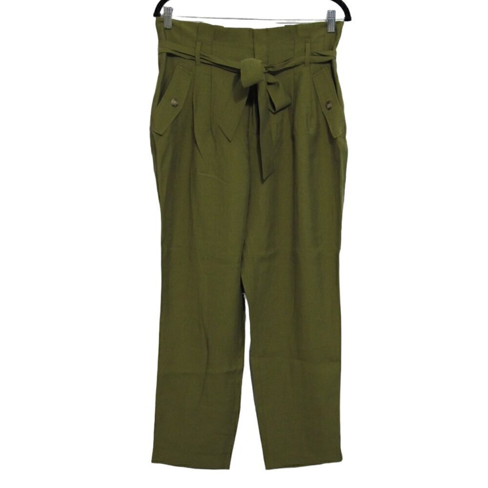 H&M Paper Bag Pants Womens Size 10 Green High Rise Waist Belt Pleated Front NWT